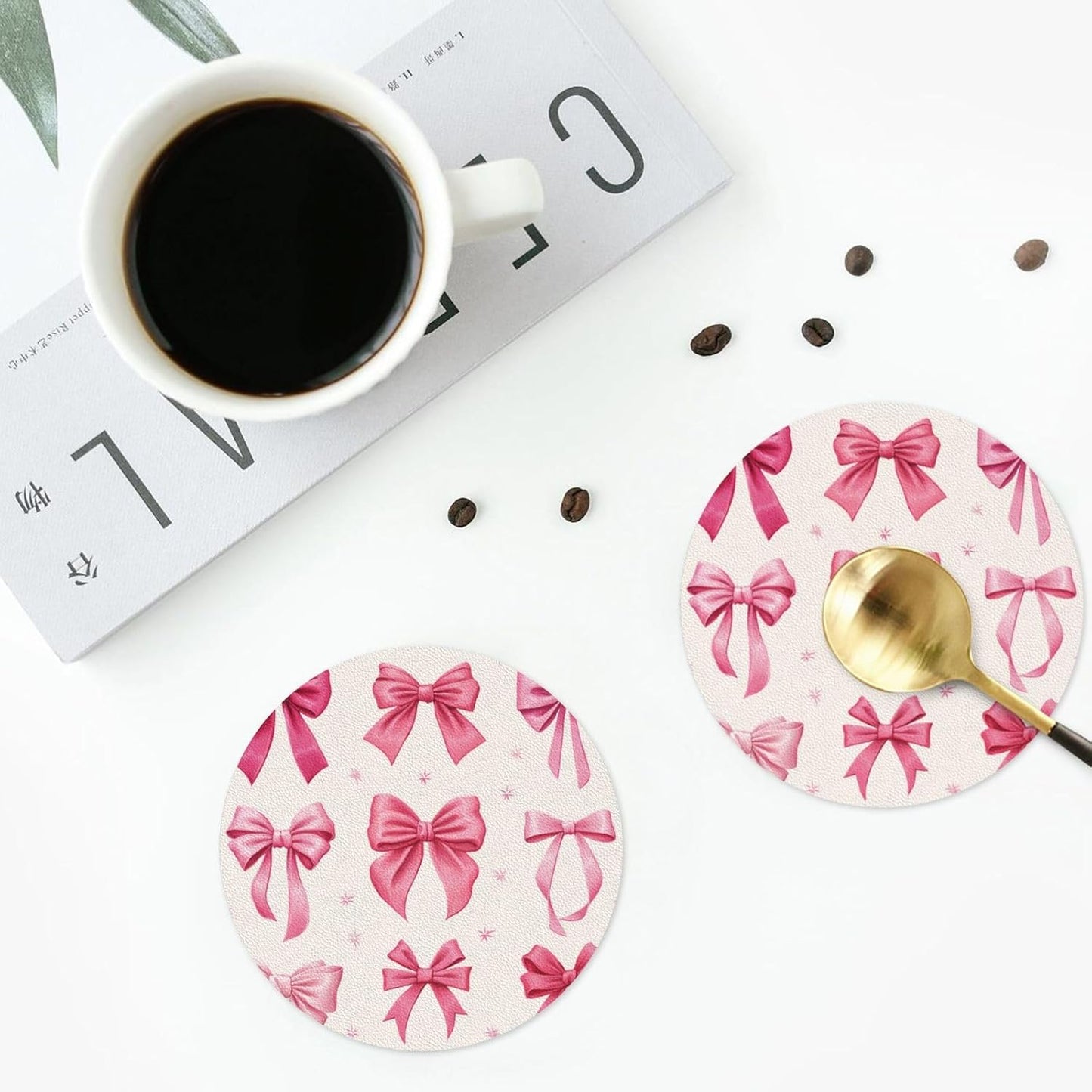 Light Pink Bows in Three Rows Drinks Coasters Set of 4 Leather Drink Coasters for Tabletop Protection Heat Resistant Bar Cup Mat Pad