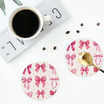 Light Pink Bows in Three Rows Drinks Coasters Set of 4 Leather Drink Coasters for Tabletop Protection Heat Resistant Bar Cup Mat Pad