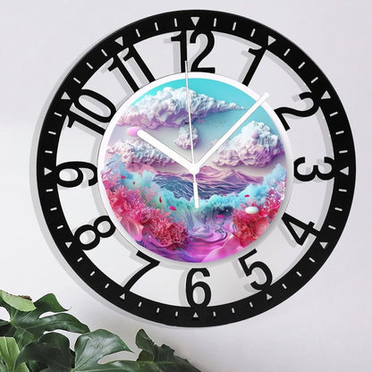 Metal Wall Clock for Living Room -10" Cloud Mountains Ocean Pink Coral Silent Non Ticking,Battery Operated, Antique Wood Clocks for Farmhouse,Dining Room,Bedroom,Kitchen Clock Wall Decor- Arabic Numer