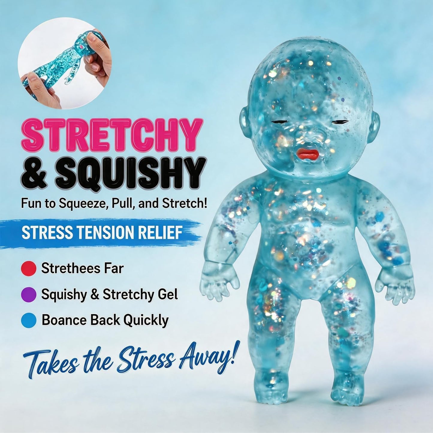 Glitter Doll Squishies Stress Ball, Squishy Babies Sensory Fidget for Stress Relief, Soft Cute Squeeze, Portable Desk Decor & Relaxing Gift for Adults (Pink)