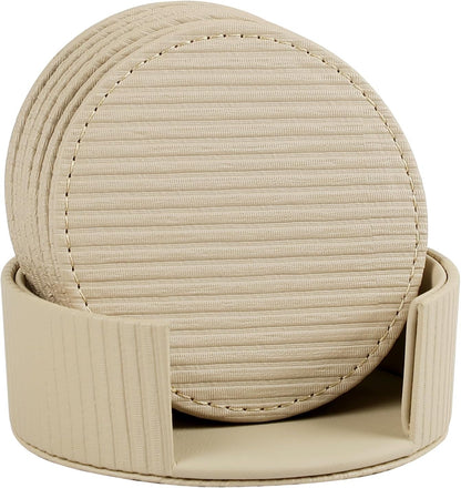 Leather Coasters Set of 6 with Holder, Tabletop Protection, Coffee Table & Bar Decoration, Modern-Style Drink Coasters Suitable for Home Dining Tables & Kitchen Accessories (Beige Stripe)