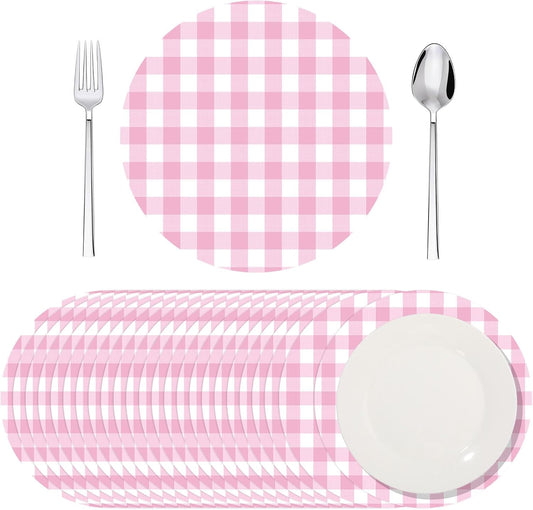 Funnymoom 60 Pcs Pink and White Gingham Disposable Paper Placemats Round Table Place Mat Summer Checkered Decorative Paper for Baby Shower Wedding Birthday Party Dinner Table Decor