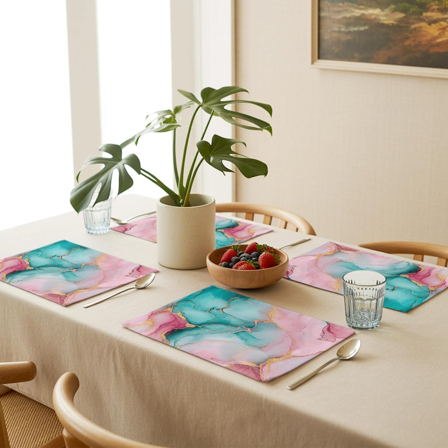 Water Pink Marble Placemat Set of 4 Non-Slip Placemats for Dining Table Abstract Art Washable Table Mats, Heat Resistant Kitchen Table Mats for Party, Dining Room & Home Decor