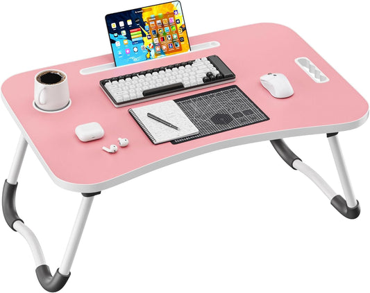 Folding Lap Desk, 23.6 Inch Wood Laptop Bed Desk with Cup Holder, Portable Bed Table for Working Writing Reading & Eating for Bed, Sofa, Couch, Floor - Pink