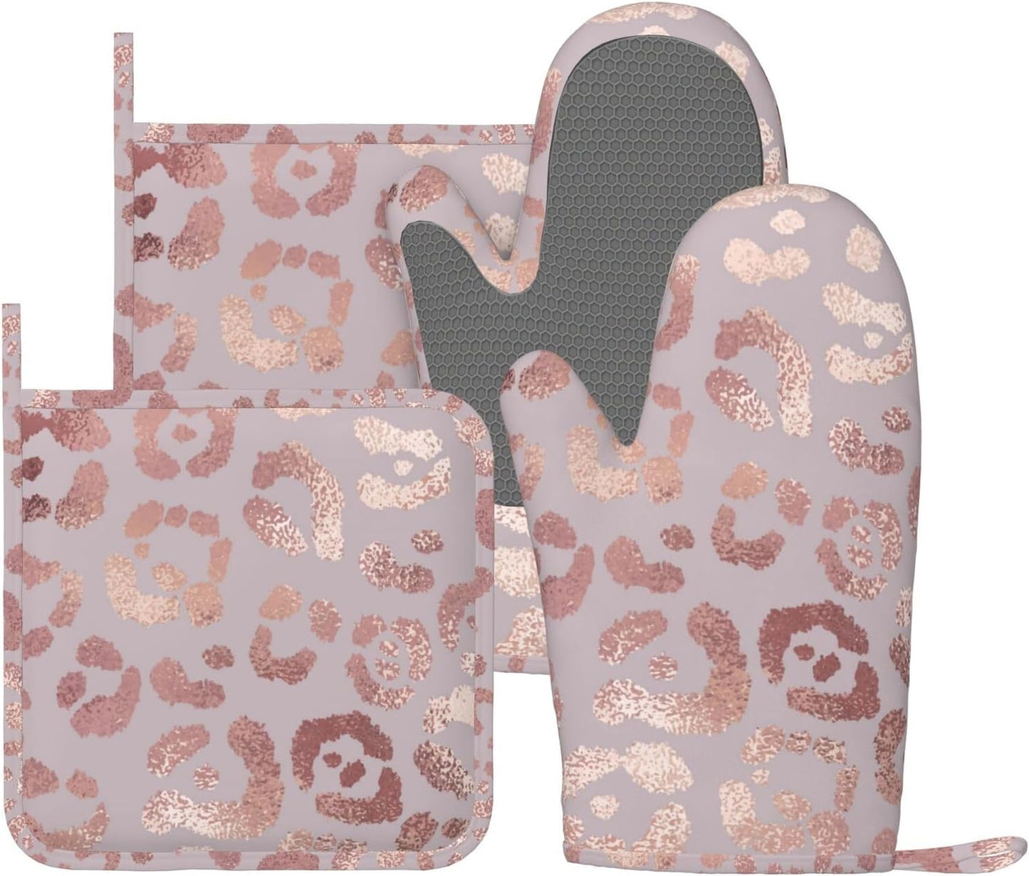 Leopard Print Rose Gold Oven Mitts and Pot Holders Sets of 4, Heat Resistant Silicone Oven Mittens and Potholders Gloves Hot Pads for Kitchen Cooking Baking Grilling BBQ Chef