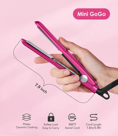 Terviiix Mini Flat Iron for Bangs Short Hair Edges, 1/2 Inch Small Ceramic Hair Straightener and Curler 2-in-1, Travel Flat Iron with Dual Voltage, 430F Fast Heat, Pouch - Pink