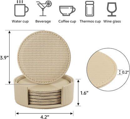 Leather Coasters Set of 6 with Holder, Tabletop Protection, Coffee Table & Bar Decoration, Modern-Style Drink Coasters Suitable for Home Dining Tables & Kitchen Accessories (Beige Stripe)