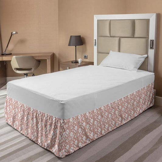 Lunarable Peach Pink Bedskirt, Lace Like Abstract Ornamental Continuous Illustration of Flower Bird and Twig, Bedroom Decor Wrap Around Elastic Bed Skirt Gathered Design, Full, White Blush