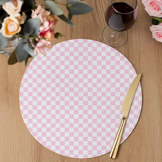 Rustic Pink Plaid Round Placemats Set of 2 Farmhouse Vintage Grid Checkerboard Place Mats Indoor Woven Table Mats Washable Heat-Resistance Braided Dining Table Placemats for Kitchen Decor 13 Inch