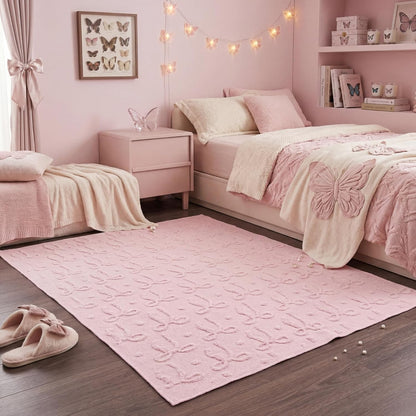 Pink Bow Area Rugs 4 x 6 ft Cute Sweet Throw Rugs Pink Plush Faux Fur Aesthetic Soft Bedroom Carpet for Living Room Dining Playroom Nursery Family Indoor Dorm