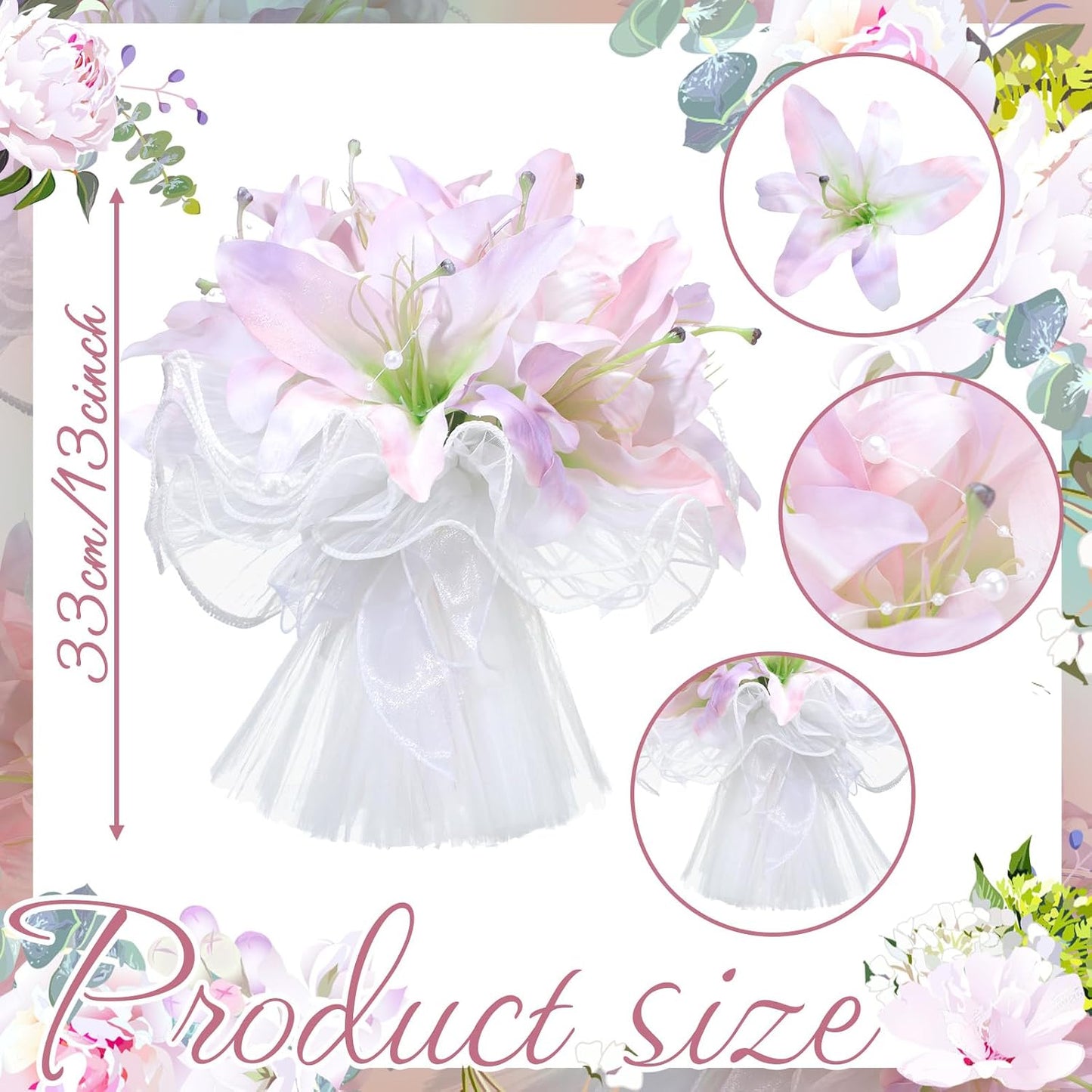 Tigeen Artificial Wedding Bouquet for Bride Faux Pink Purple Lily Bridal Flower with Ribbon, Fake Flower Bridesmaid Holding Bouquet for Wedding Ceremony Anniversary Party Table Vase Centerpiece Decor