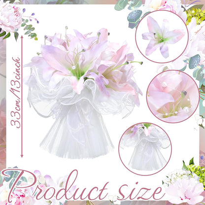 Tigeen Artificial Wedding Bouquet for Bride Faux Pink Purple Lily Bridal Flower with Ribbon, Fake Flower Bridesmaid Holding Bouquet for Wedding Ceremony Anniversary Party Table Vase Centerpiece Decor