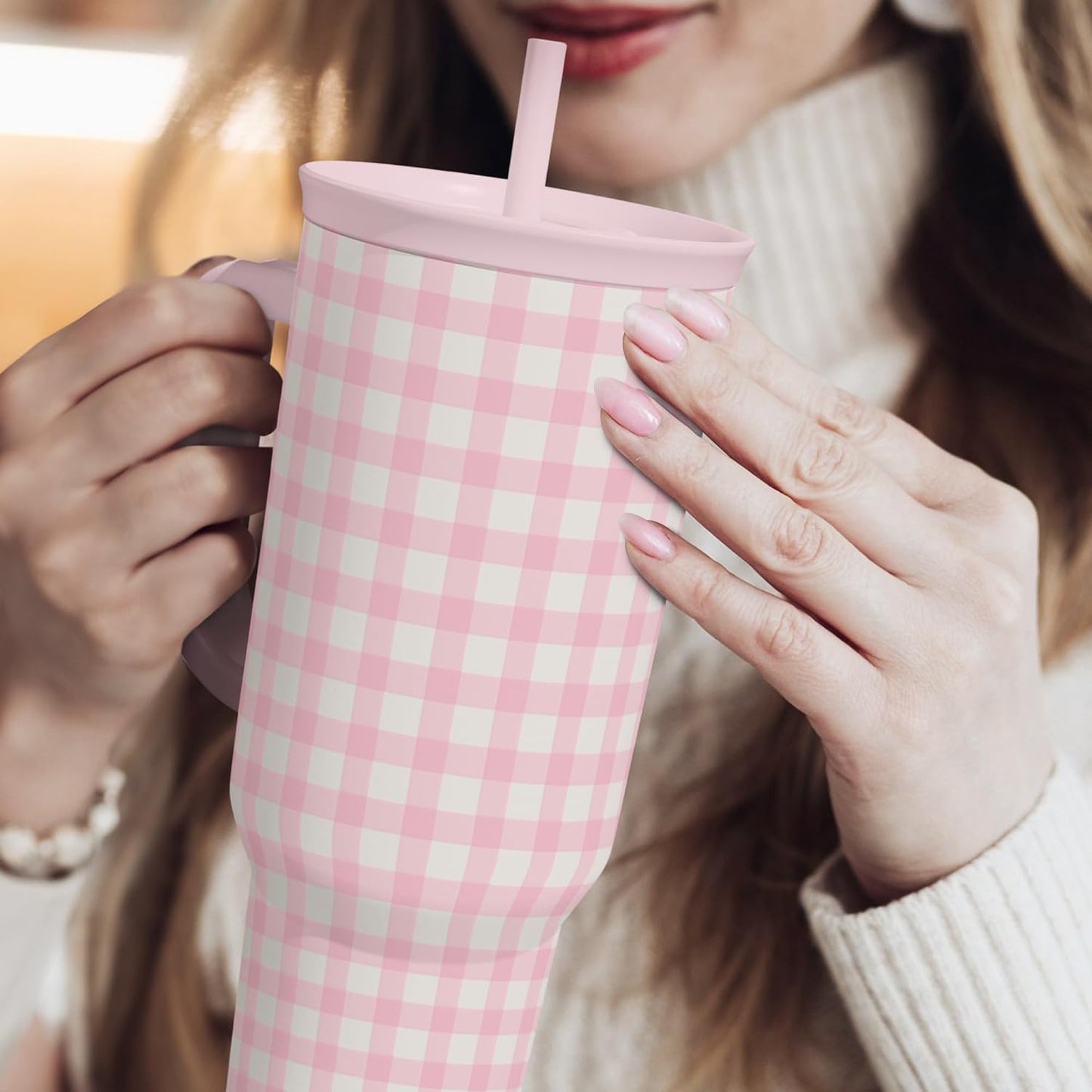 SANDJEST Pink Gingham 40oz Slider Tumbler with Handle and Straw - Insulated Stainless Steel Travel Coffee Mug for Women Girls, Gift for Birthday, Christmas