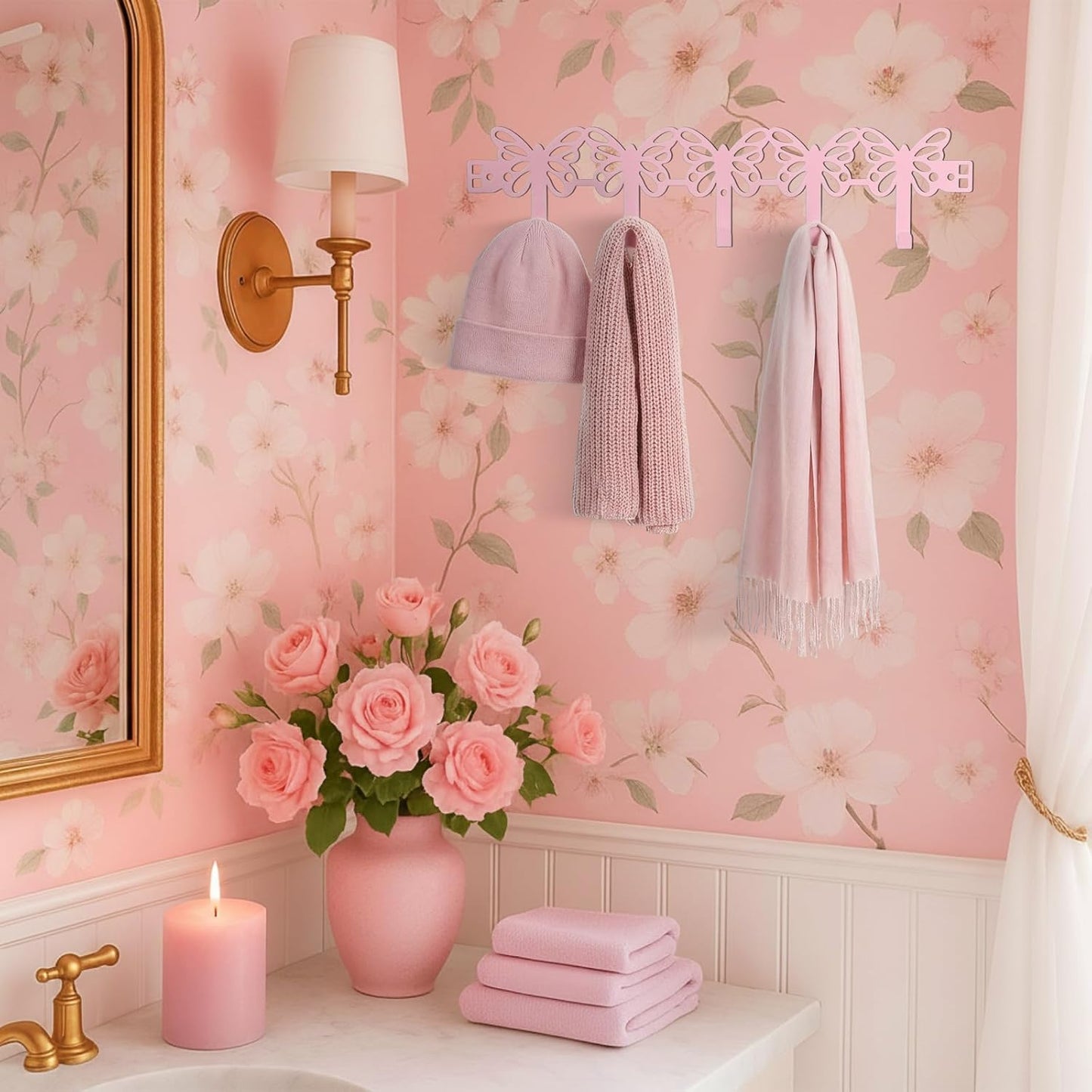 AceOrbit Pink Butterfly Over The Door Hooks Wall Mount Towel Hanger Cute Door Holder Rack with 5 Hooks Hanging Towel, Coat Keys, Bags, Hats, Clothes for Bedroom Bathroom Kitchen Dorm Room Organizer