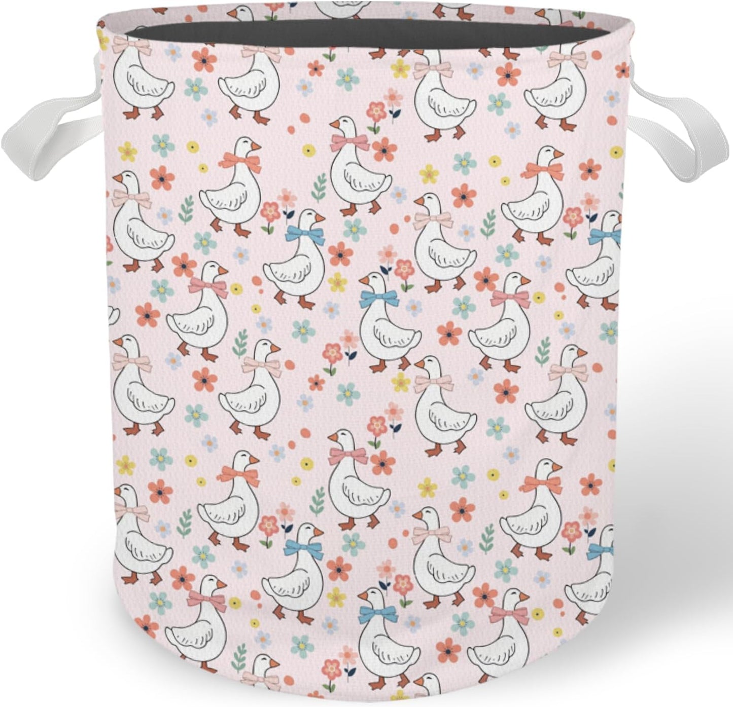 Pink Floral Goose Nursery Laundry Basket, Coquette Bow Cute Goose Laundry Basket Hamper Waterproof Collapsible Clothes Toys Storage Bin for Bedroom Bathroom Kids Room, Toybox for Girls