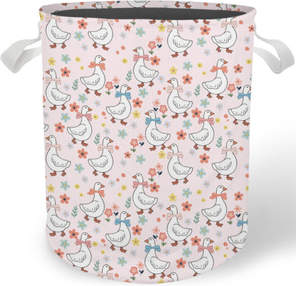 Pink Floral Goose Nursery Laundry Basket, Coquette Bow Cute Goose Laundry Basket Hamper Waterproof Collapsible Clothes Toys Storage Bin for Bedroom Bathroom Kids Room, Toybox for Girls