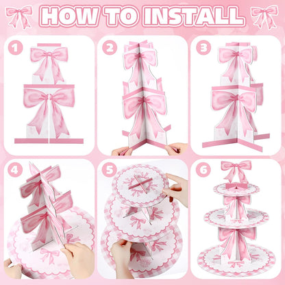 Willinglong 3 Tier Pink Bow Cake Stand Coquette Bow Party Birthday Cake Stand Decorations Pink Dessert Tower for Wedding Garden Birthday Party Supplies
