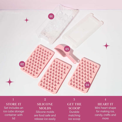 Paris Hilton Heart Shaped Mini Ice Cube Tray Set, Includes 3 Mini Ice Cube Molds, Ice Bin Storage Container with Lid and Ice Scoop, Made without BPA, 6-Piece Set, Pink
