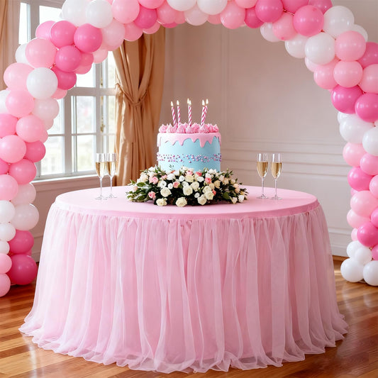 60-Inch Pink 2-in-1 Tulle Table Skirt for 5-Foot Round Table – Stretch Spandex Fitted Cover, Light & Elegant with Ruffle, Wrinkle-Resistant – For Wedding, Birthday, Baby Shower & Party Decor（1Pack）