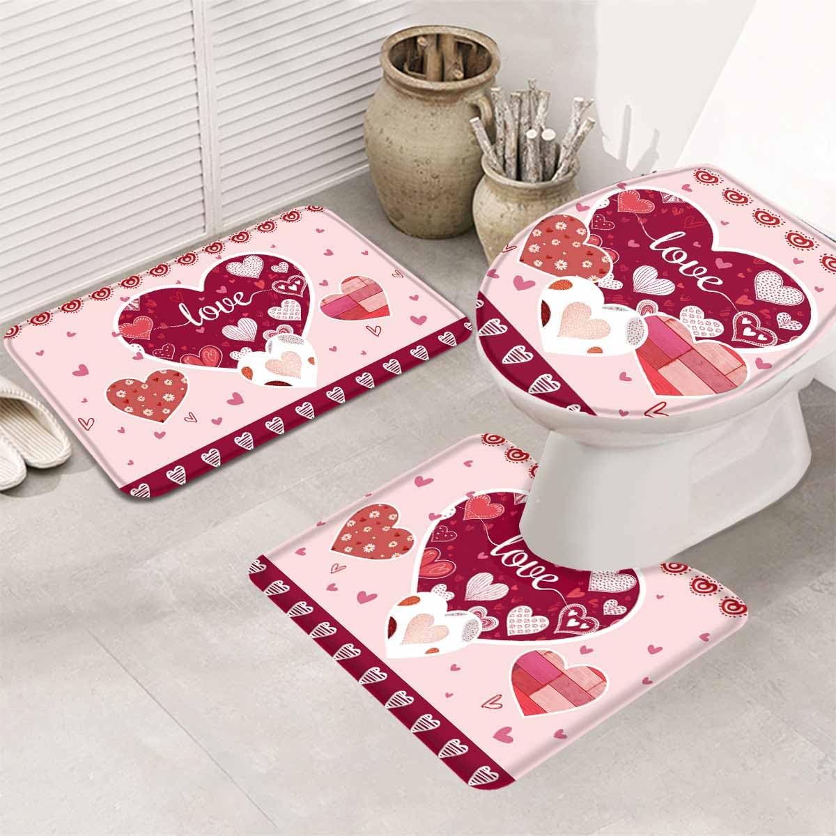 Light Pink Valentines Day Bathroom Rugs Mat Sets 3 Piece, Love Hearts Romantic Farmhouse Bath Shower Rugs with U-Shaped Contour Toilet Mat, Large Absorbent Bathtub Runner Rugs Floor Mats
