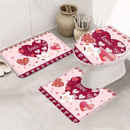 Light Pink Valentines Day Bathroom Rugs Mat Sets 3 Piece, Love Hearts Romantic Farmhouse Bath Shower Rugs with U-Shaped Contour Toilet Mat, Large Absorbent Bathtub Runner Rugs Floor Mats