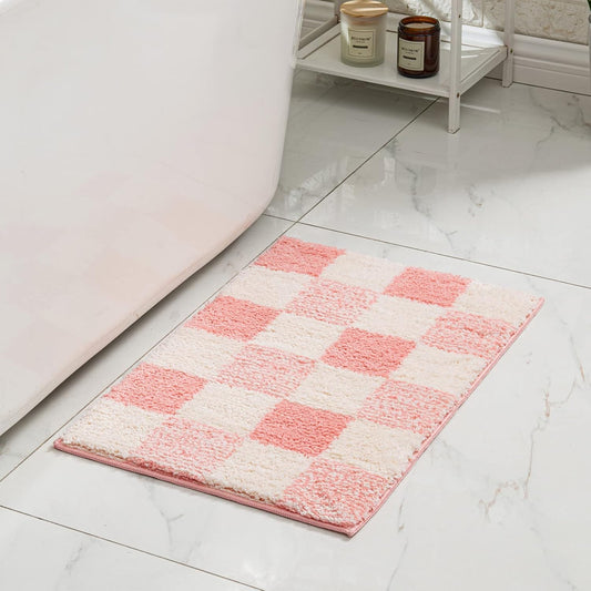 CozeCube Bath mats for Bathroom Non Slip, Fluffy Absorbent Microfiber Bath mat Washable, Aesthetic Bathroom Rugs, Cute Blossom Pink Checkered Bath mat, Blossom Pink, 32" x 20"