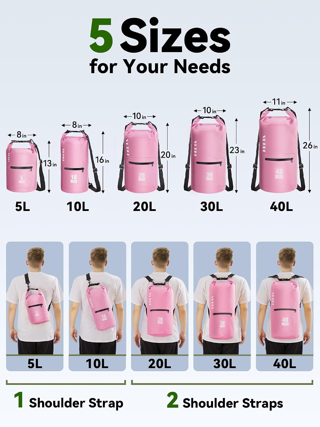HEETA Waterproof Dry Bag with Front Zippered Pocket for Women Men, 5L/10L/20L/30L/40L Roll Top Lightweight Dry Storage Bag Backpack for Travel, Kayaking, Boating, Rafting, Camping, Hiking & Beach