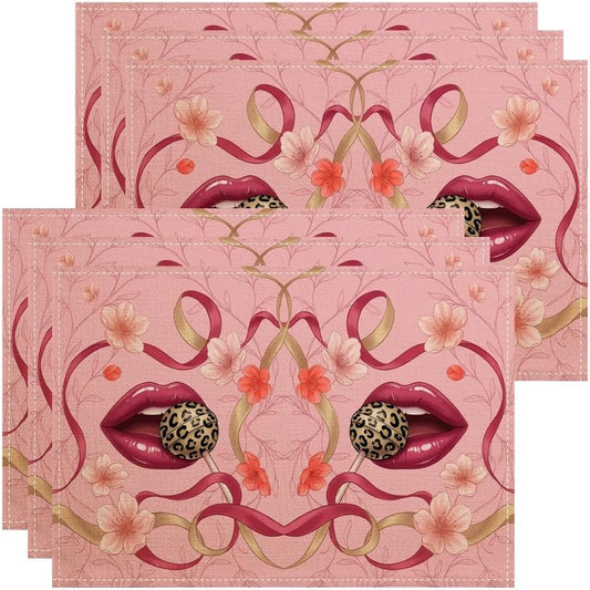 Elegant Floral Placemats, Modern Peach Design for Dining Table, Decorative Non-Slip Washable Indoor Outdoor Kitchen Party Placemats Set of 6
