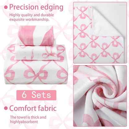 VitalCozy Set of 6 Pink Bow Bathroom Towels Set Coquette Cute Bow Beach Towel for Woman Pink Bathroom Decor Pool Bath Supplies for Swimming Sport Shower Hotel Supplies