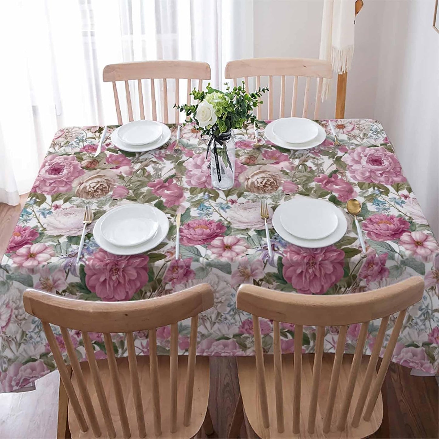 Light Pink Spring Floral Rectangle Tablecloth Waterproof & Stainproof Tablecloths, Vintage Summer Botanical Wipeable Table Cloth for Round/Rectangle/Oval/Square/Dining/Party/Wedding, 60x120