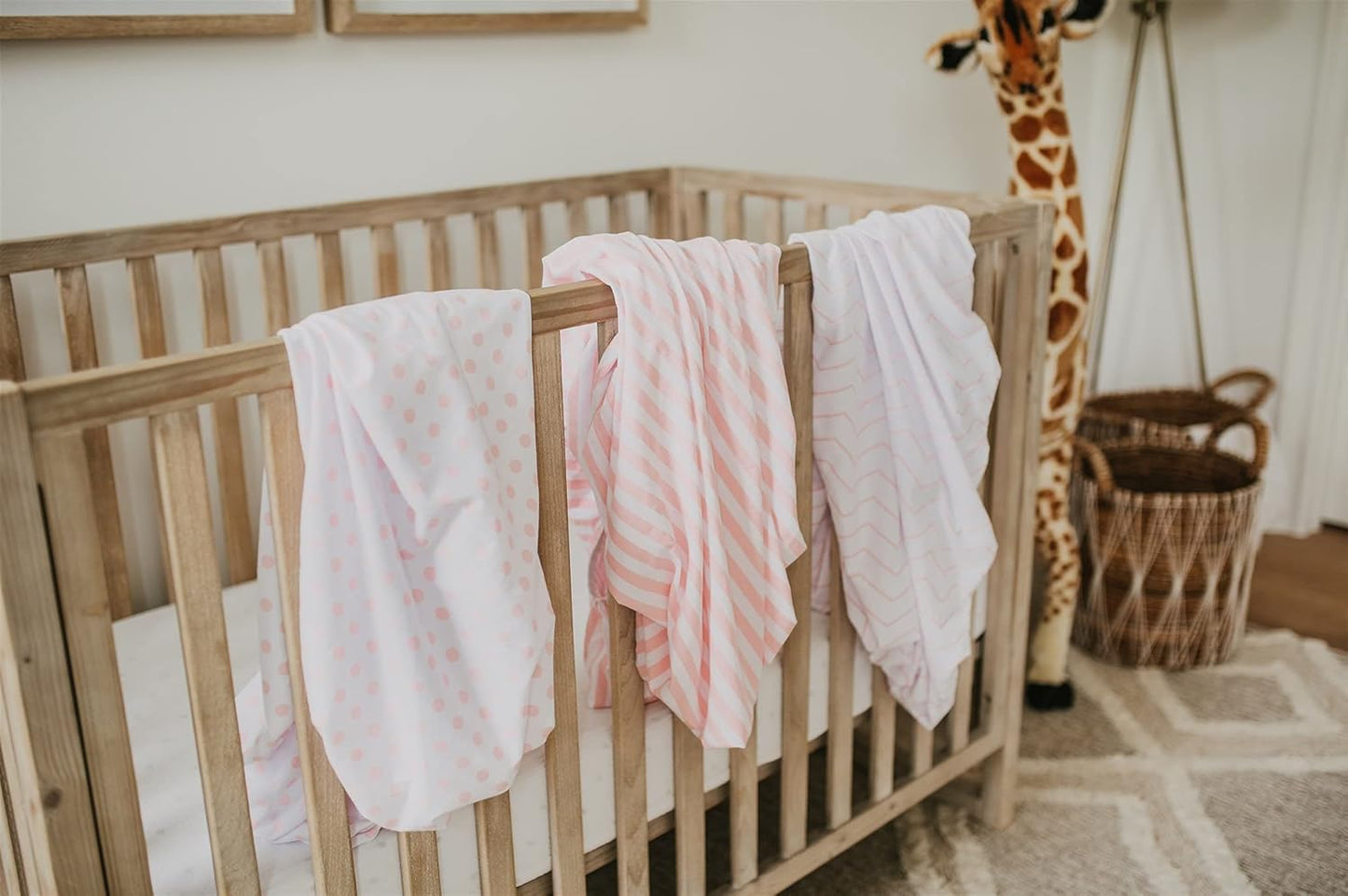 NODNAL CO. 3 Fitted Crib Sheets Pink Set for Baby Girl - 100% Oeko-TEX Cotton Nursery Bedding - Pink/White Chevron, Polka Dot, and Stripe - for Standard Baby or Toddler Crib Mattress 28”x52”x9” Sheet
