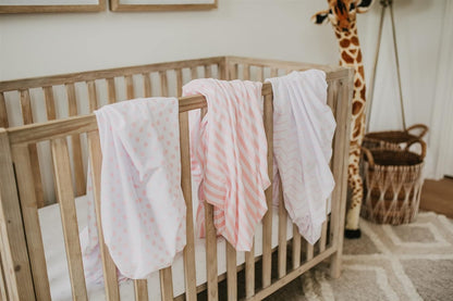 NODNAL CO. 3 Fitted Crib Sheets Pink Set for Baby Girl - 100% Oeko-TEX Cotton Nursery Bedding - Pink/White Chevron, Polka Dot, and Stripe - for Standard Baby or Toddler Crib Mattress 28”x52”x9” Sheet