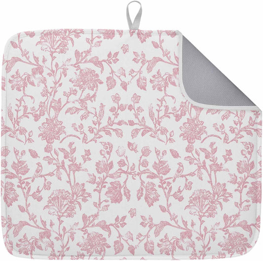 Light Pink Floral Paisley 1 Pack Dish Drying Mat for Kitchen Counter 18''x24'' Boho Leaf Vintage Farmhouse Linen Absorbent Dish Bowl Dishes Drainer Mat Reversible Drying Rack Pad for Coffee Bar