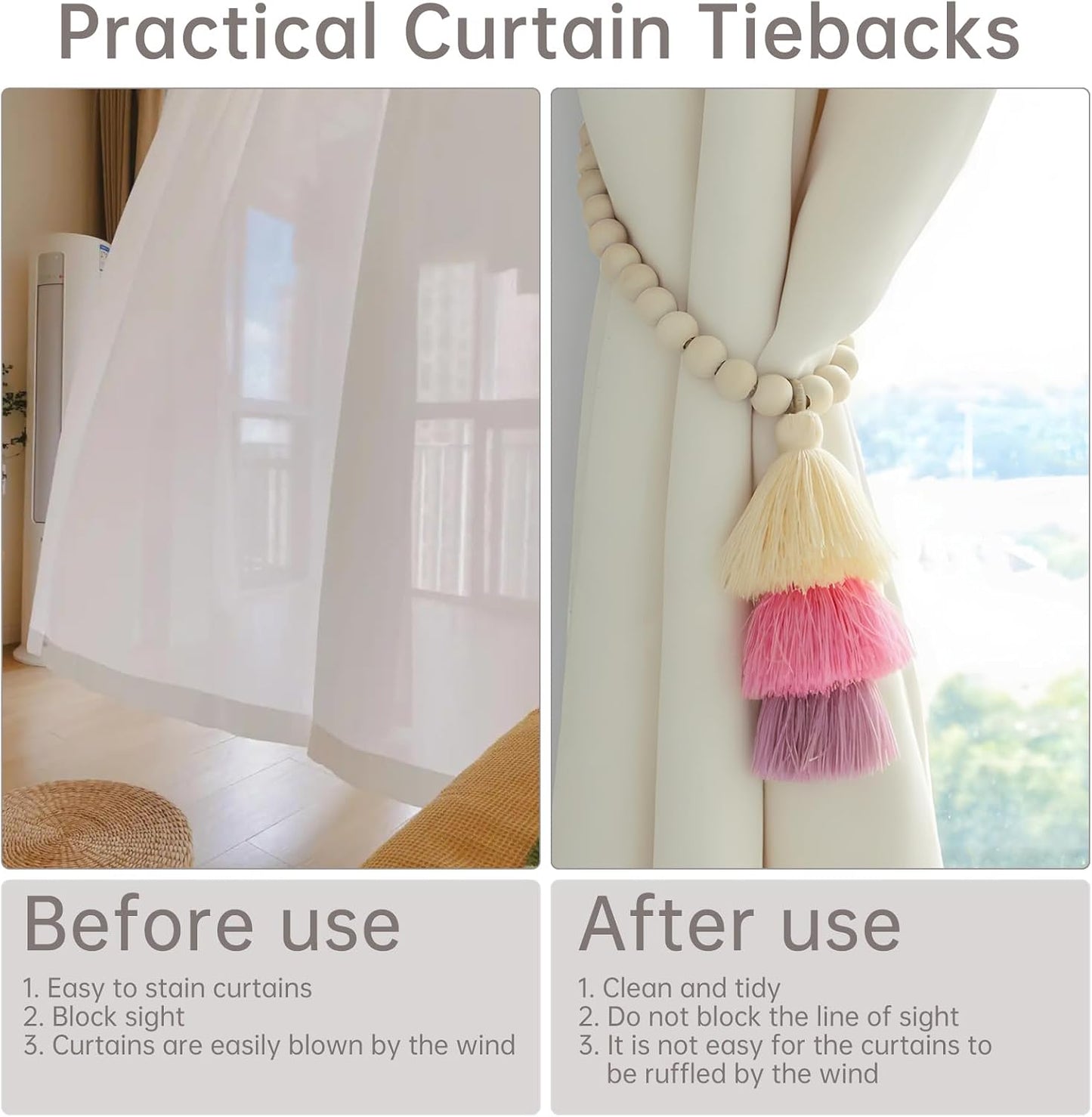 Magnetic Curtain Tiebacks,Wood Beads,2Pcs Boho Ties with Triple Tassel,Pink | No drill, smooth wood bead, strong magnetic closure, keep curtains firmly in place, for bedroom,living room,nursery
