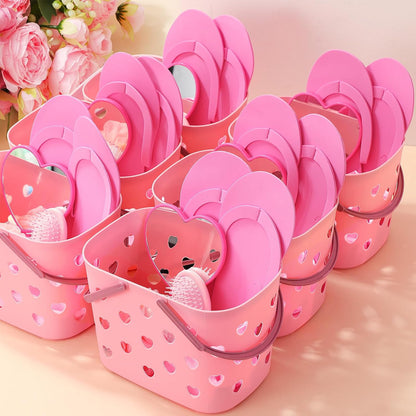 Pickmesh 8 Sets Spa Party Supplies Sleepover party with Pink Basket Heart Mirror Headband Satin Hair Scrunchies Hair Brush Loofah Disposable Slipper for Birthday Gift
