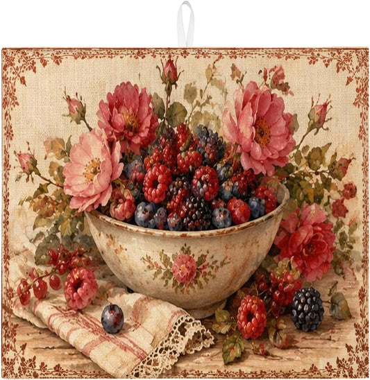 Vintage Floral Dish Drying Mats for Kitchen Counter, Soft Peach Rose Absorbent Dish Drainer Rack Mat, Country Cottage Style Drying Pad for Kitchen Counter Decor 16x18 Inch