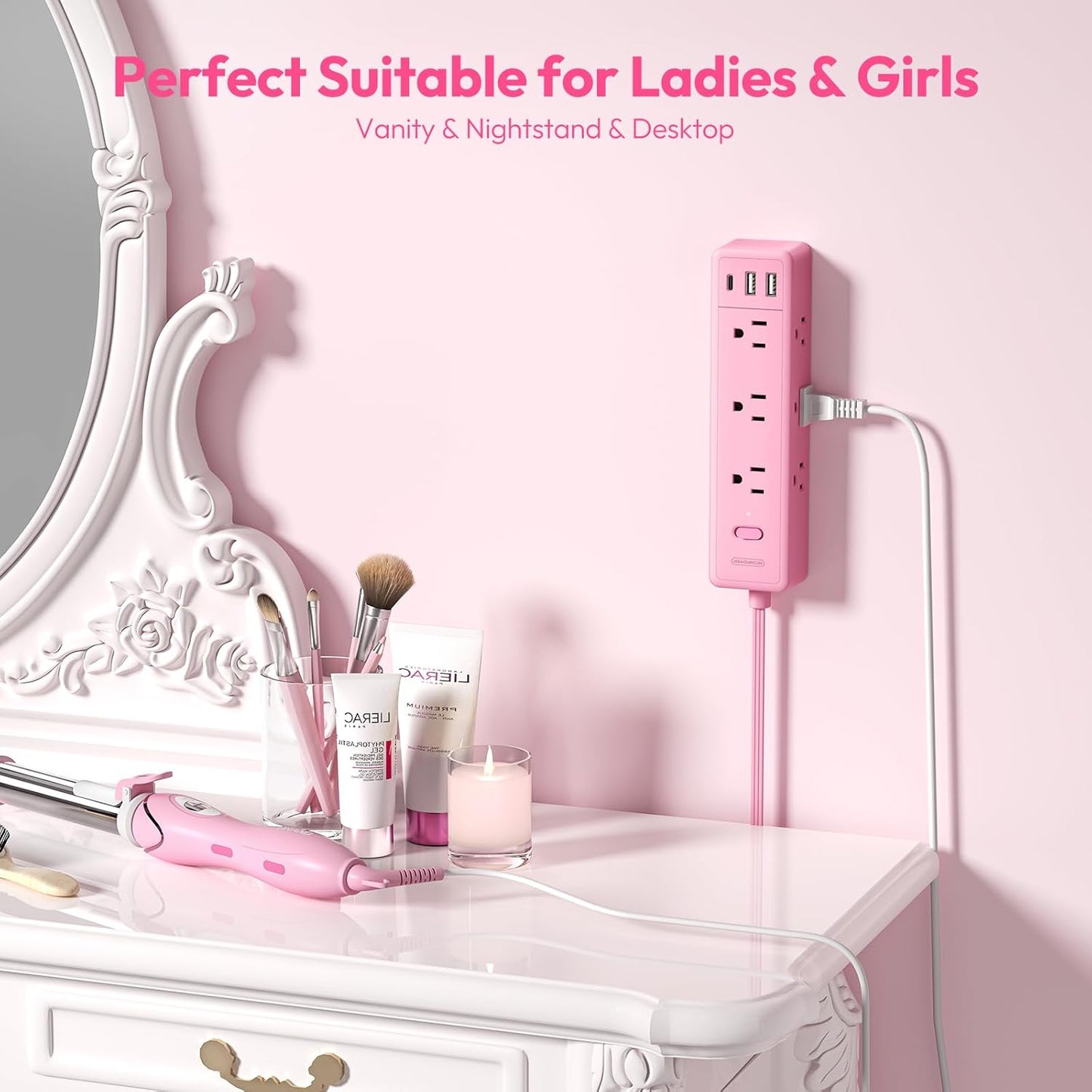 Pink Power Strip, NTONPOWER Surge Protector Power Strip, Cute Pink Extension Cord 5FT, 9 Outlets 3 USB (1 USB C), Mounted, 1080J, Multiple Outlets for Home Office, Kawaii, Desk Accessories, Women