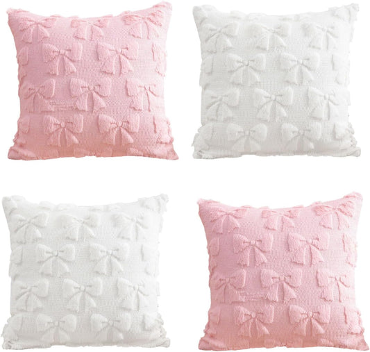 Pink Bow Throw Pillow Covers 18x18in, Pink Throw Pillow Cases Set of 4, White Bow Pillow Covers Decorations Faux Fur Soft, Bowknot Preppy Stuf Pillowcovers for Holiday Sofa Couch Home Decor