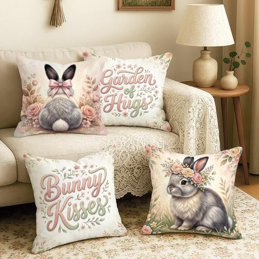 Rabbit Throw Pillow Covers Set of 4, Spring Fanciful Bow Flowers Spring Pastel Peach with Hidden Zipper Decorative Pillow Cases for Living Room Bedroom Loft Office Car Decor 16x16 Inch