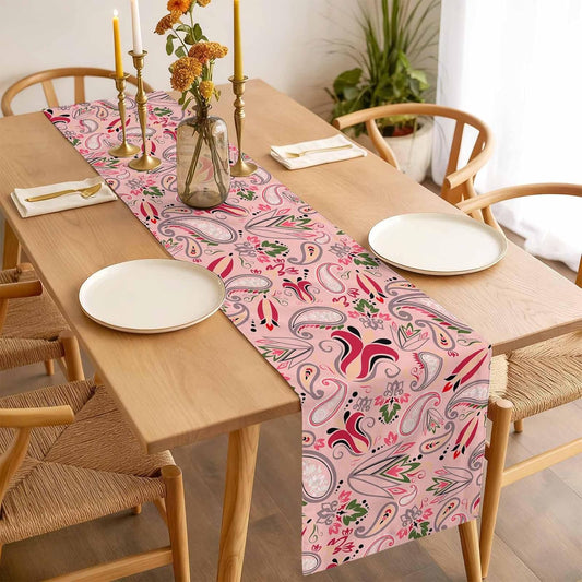 Vintage Baroque Style Floral Table Runner 90 Inches Long Abstract Pink Paisley Flowers Linen Table Runner for Home Party Holiday Kitchen Dining Tables Decoration