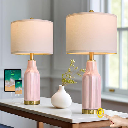 USumkky 24.5" Modern 3-Way Dimmable Touch Control with 5FT Cord & USB A+C Ceramic Lamps Set of 2 Table Lamp for Living Room Bedroom Farmhouse Nightstand Bedside Pink