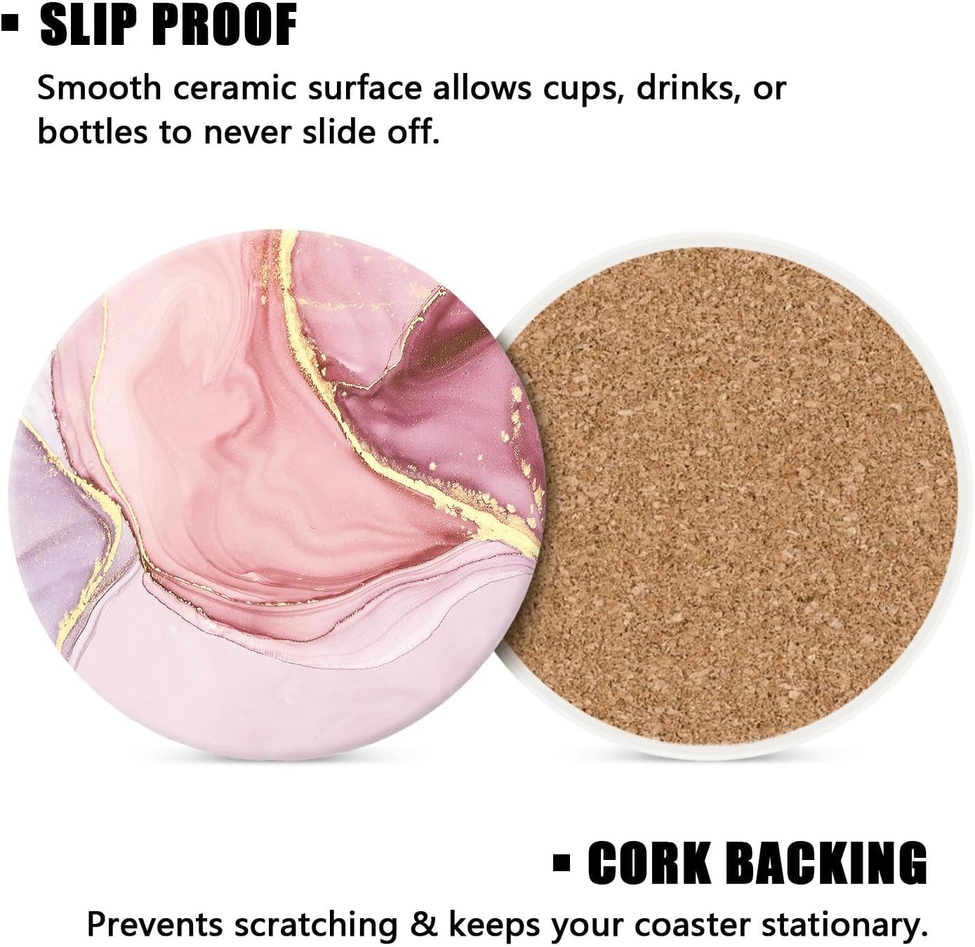 Drink Coasters Set of 4 with Holder Round Water Absorbent Pink Cute Marble Ceramic Coasters Tabletop Protection, Suitable for Various Mugs, Home Decor，Housewarming Gift, 4 Inch