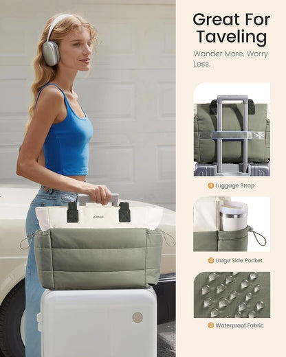 LOVEVOOK Tote Bag for Women with Giant Tumbler Holder Pocket, Puffer Work Travel Laptop Handbag with Zipper for Nurse Teacher
