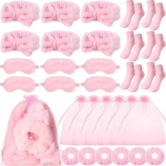 30 Pcs Spa Party Favors Sleepover Party Supplies Include 6 Bow Headbands 6 Eye Masks 6 Socks 6 Scrunchies 6 Organza Bags for Women Wedding Graduation Coquette Slumber Gift(Pink)