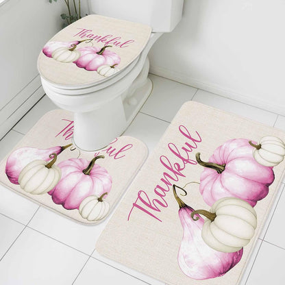 Pink White Pumpkin Bathroom Rug Sets 3 Piece, Non Slip Bath Mat, Fall Thanksgiving Retro Light Beige Absorbent Floor Mats Bath Rugs with U-Shaped Contour Rug Toilet Lid Cover Bathroom Decor Small