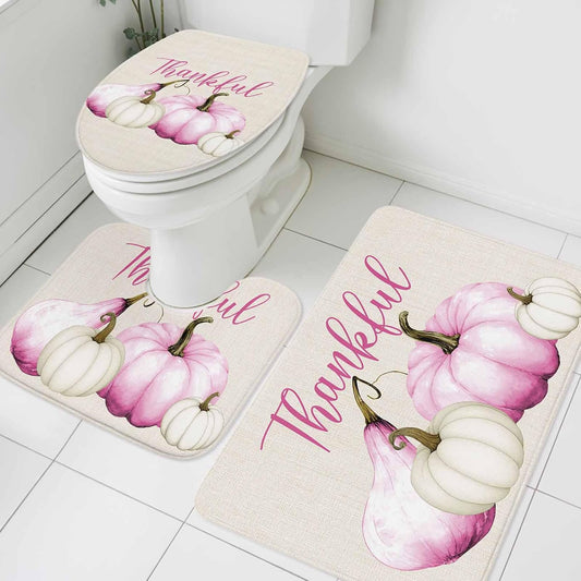 Pink White Pumpkin Bathroom Rug Sets 3 Piece, Non Slip Bath Mat, Fall Thanksgiving Retro Light Beige Absorbent Floor Mats Bath Rugs with U-Shaped Contour Rug Toilet Lid Cover Bathroom Decor Small
