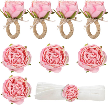 8 Pcs Pink Rose Napkin Rings, Floral Fabric Napkin Holders for Dining Table, Romantic Table Decorations for Valentine's Day, Wedding, Thanksgiving, Birthday Party