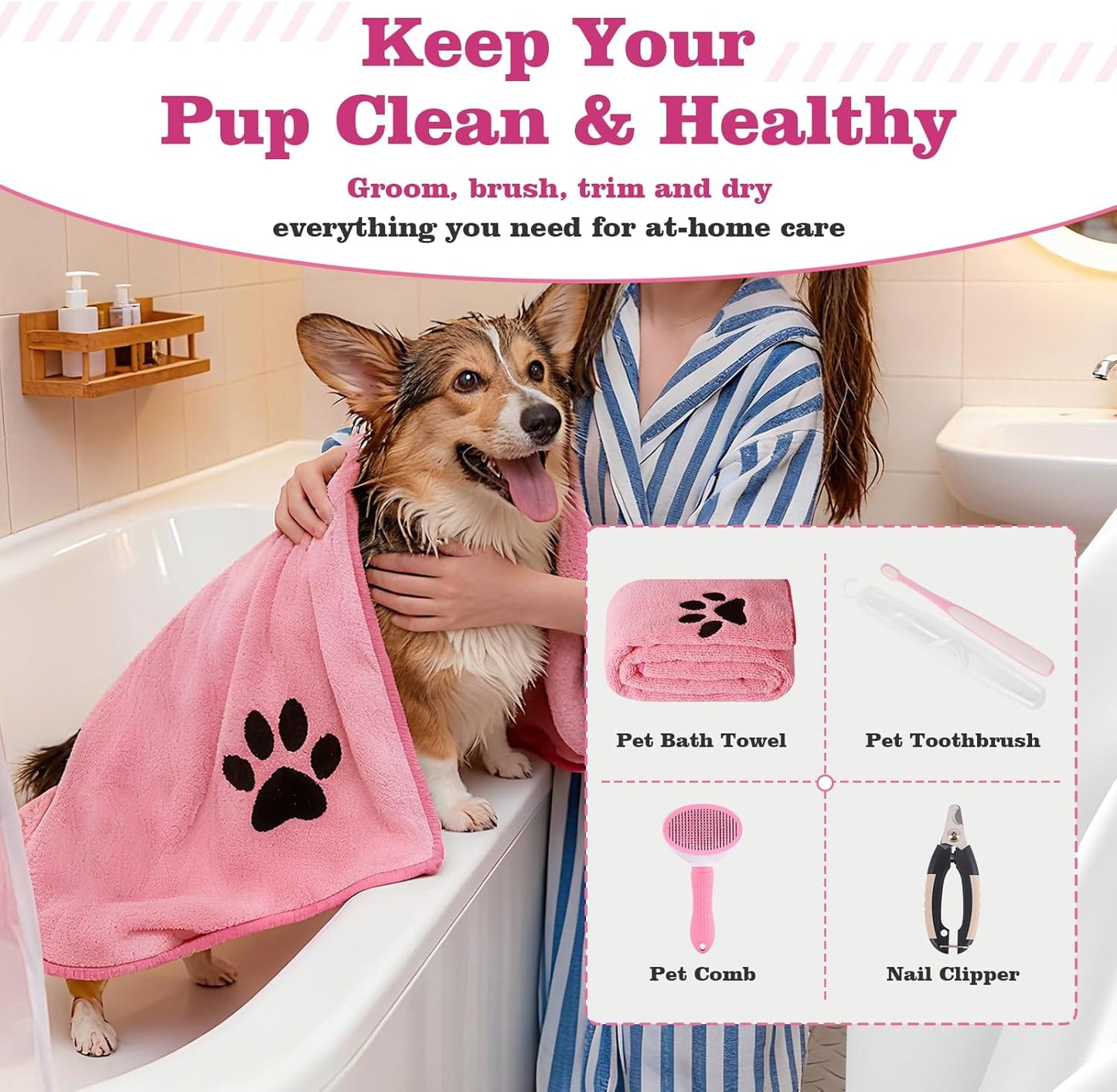 Puppy Supplies Starter Kit, Pink Puppy Essentials for Small Dogs | Bowls, toys, toothbrush, treat pouch and more in one pink puppy kit; ideal welcome home gift for small dogs and new puppies