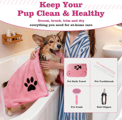Puppy Supplies Starter Kit, Pink Puppy Essentials for Small Dogs | Bowls, toys, toothbrush, treat pouch and more in one pink puppy kit; ideal welcome home gift for small dogs and new puppies