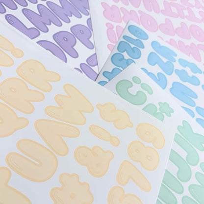 Pastel Rainbow Bubble Letter Sticker Collection - 1.25" Premium Vinyl, 10 Sheets, 5 Soft Shades: Pink, Yellow, Green, Blue, Purple - Water Resistant Balloon Alphabet 700+ PCS